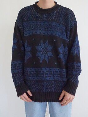 VTG GANT Black Blue Snowflake Fair Isle Geometric Hand Framed Cotton Sweater XL